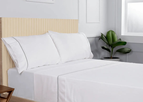 Luxury Organic Sateen Embroidered Flat Sheet White/Grey